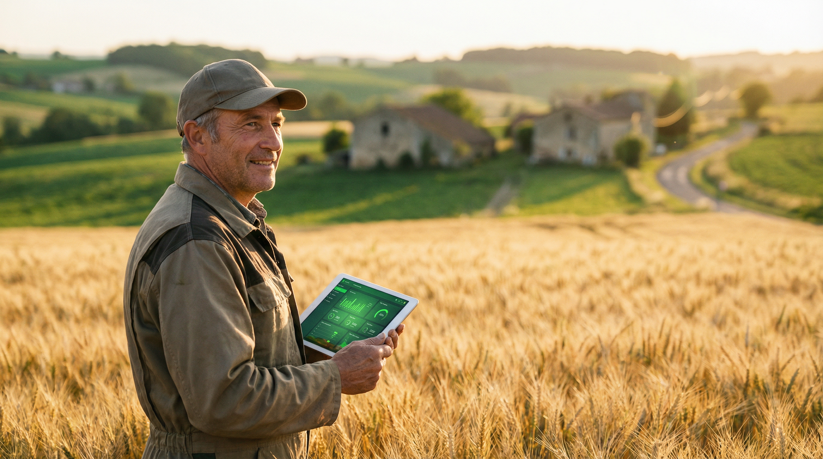 Agriculteur dans un champ de blé tenant une tablette avec PhytoSync