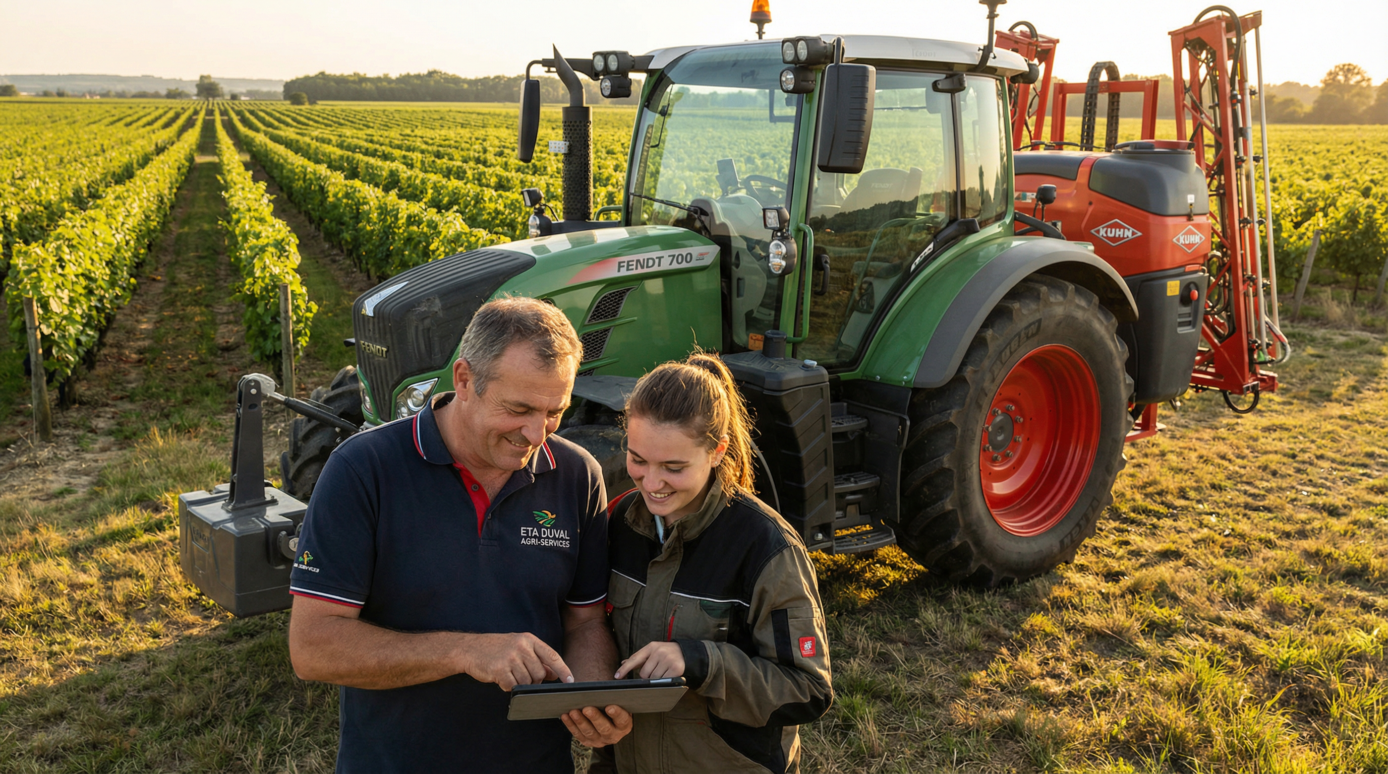 Responsable ETA et technicien consultant une tablette devant un pulvérisateur